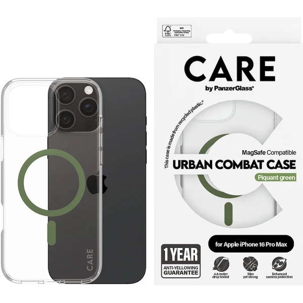 PanzerGlass® CARE kryt Apple iPhone 16 Pro Max MagSafe Urban Combat čirý/zelený - Pouzdra - Obrázek J708000P01