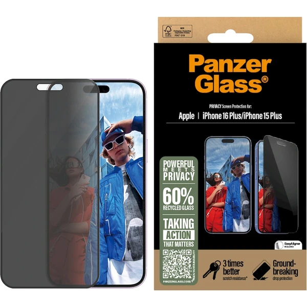 PanzerGlass® Privacy Apple iPhone 16 Plus/15 Plus s instalačním rámečkem - Ochranné folie a skla - Obrázek JE08000P01