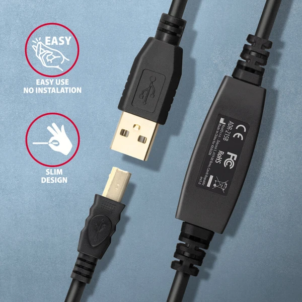 AXAGON ADR-215B USB2.0, A-M->B-M, aktivní prodlužka/repeater kabel 15m - Kabely a redukce - Obrázek JFS6000701