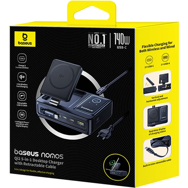 Baseus Nomos Qi2 nabíjecí stanice 140W 3xUSB-C, USB-A s výsuvným kabelem USB-C/síťový kabel 1m černá - Nabíječky - Obrázek JIGE000L01