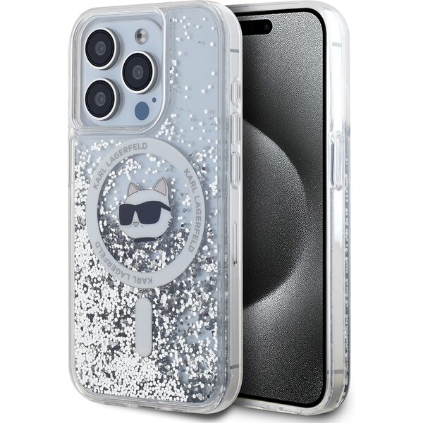 Karl Lagerfeld Liquid Glitter Choupette Head MagSafe zadní kryt pro iPhone 15 Pro čirý