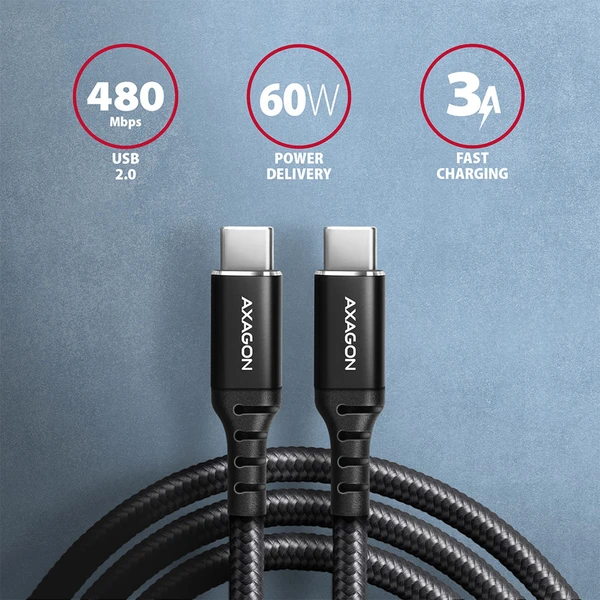 AXAGON BUCM-CM15AB USB-C/USB-C napájecí kabel 60W 1,5m černý - Kabely a redukce - Obrázek K1P0000K01
