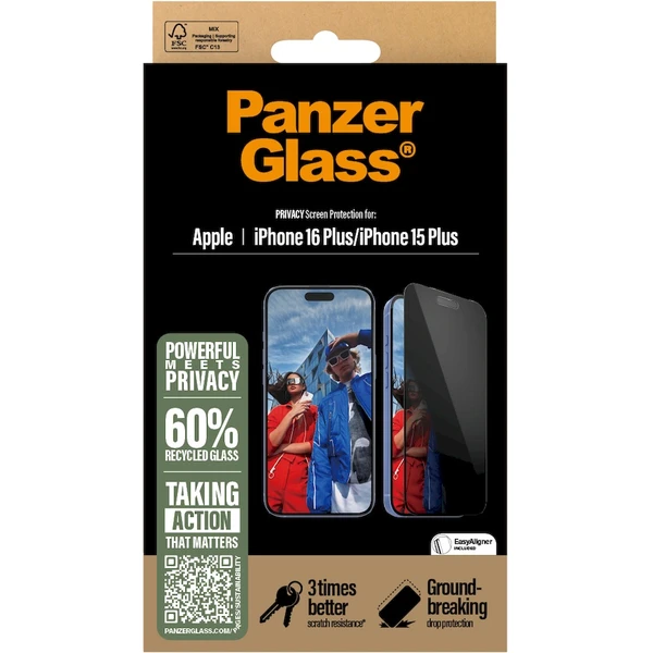 PanzerGlass® Privacy Apple iPhone 16 Plus/15 Plus s instalačním rámečkem - Ochranné folie a skla - Obrázek KE08000P01