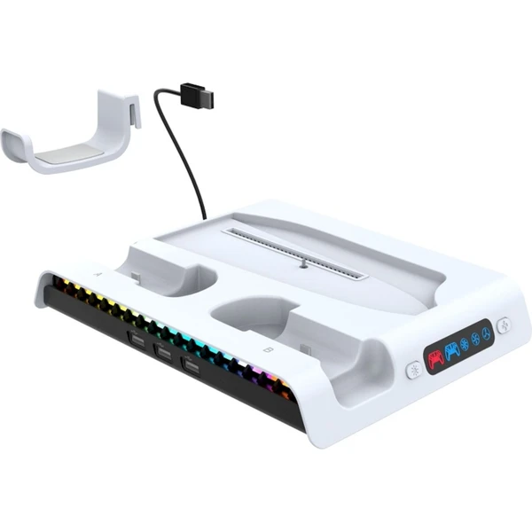 iPega P5S006 Multifunkční Nabíjecí RGB Stojan s Chlazením pro PS5 Slim bílý - Nabíječky - Obrázek KHU0000K01