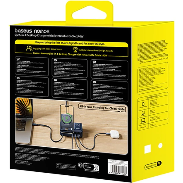 Baseus Nomos Qi2 nabíjecí stanice 140W 3xUSB-C, USB-A s výsuvným kabelem USB-C/síťový kabel 1m černá - Nabíječky - Obrázek KIGE000L01