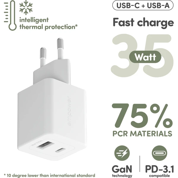 PanzerGlass® empower nabíječka Turbo GaN (35 W) 1x USB-C + 1x USB-A, bílá - Nabíječky - Obrázek L53J000K01