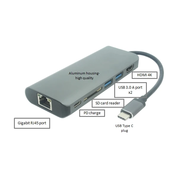 PremiumCord Převodník USB-C 3.1 na HDMI + RJ45 + 2xUSB3.0 + SD card + PD charge - Dokovací stanice - Obrázek LWH0000401
