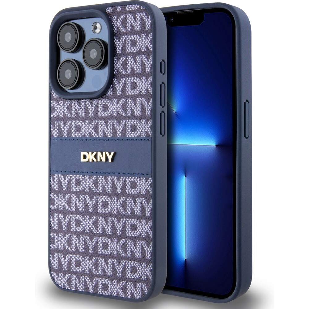 DKNY PU Leather Repeat Pattern Tonal Stripe kryt iPhone 15 Pro Max modrý