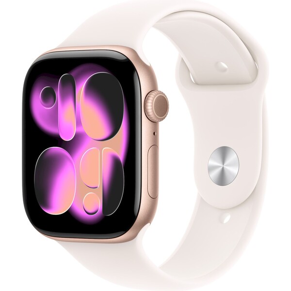Apple Watch Series 11 Cellular (46mm) Růžově zlatý hliník se světle ruměnným sportovním řemínkem S/M