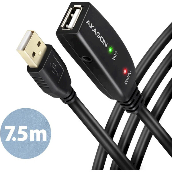 AXAGON USB-A  na USB-A aktivní prodlužovací / repeater kabel 7,5m Černá