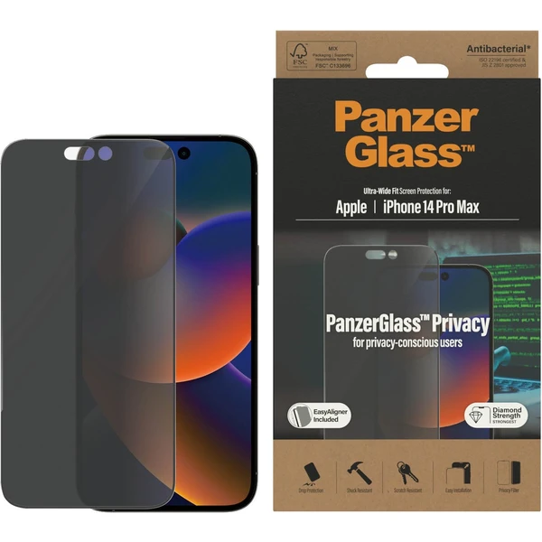 PanzerGlass™ Ultra-Wide Fit Privacy iPhone 14 Pro Max s instalačním rámečkem - Ochranné folie a skla - Obrázek MHKG100501