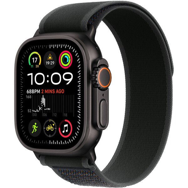 Apple Watch Ultra 2 GPS + Cellular, 49mm černě titanové pouzdro s černým trailovým tahem - M/L - mx4v3cs/a