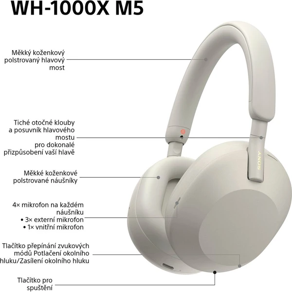 Sony WH-1000XM5 bezdrátová sluchátka stříbrná - Sluchátka - Obrázek MT2H000K01
