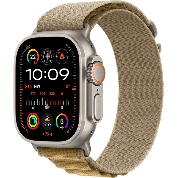 Apple Watch Ultra 2 GPS + Cellular, 49mm přírodně titanové pouzdro s žlutohnědým alpským tahem - S - mx4e3cs/a