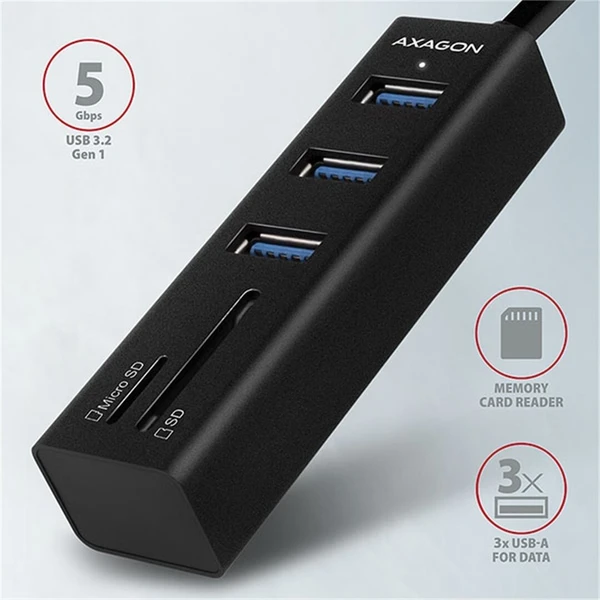 AXAGON HMACR3A USB 3.2 Gen 1 hub porty 3x USBA + čtečka karet SD/microSD kovový kabel USBA 20 - USB huby - Obrázek N77HF00101