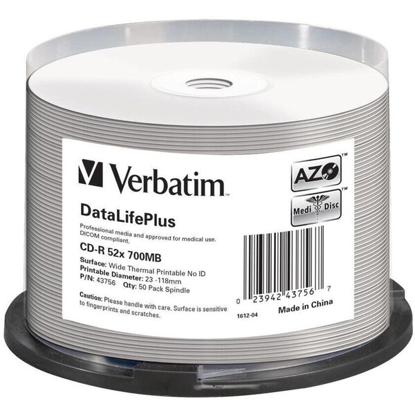 VERBATIM CD-R(50 ks) spindl, AZO 52X,700MB,bílý WIDE THERMAL PRINTABLE SURFACE NON-ID