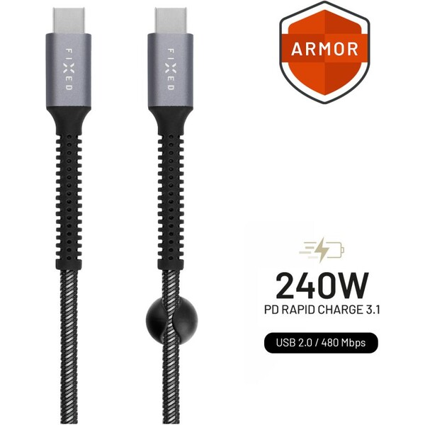 FIXED FIXDA-CC12-GR USB-C/USB-C podpora PD, 1,2m, šedý Šedá