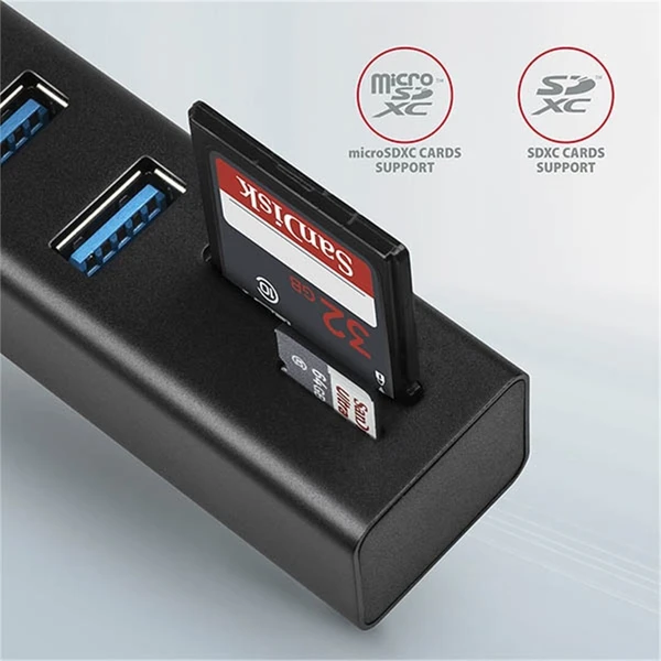 AXAGON HMACR3A USB 3.2 Gen 1 hub porty 3x USBA + čtečka karet SD/microSD kovový kabel USBA 20 - USB huby - Obrázek O77HF00101