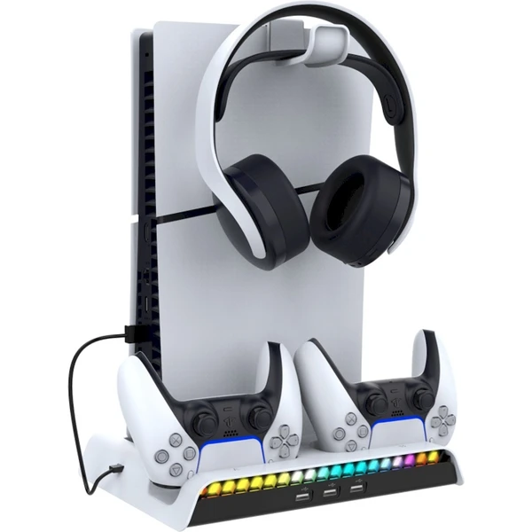 iPega P5S006 Multifunkční Nabíjecí RGB Stojan s Chlazením pro PS5 Slim bílý - Nabíječky - Obrázek OHU0000K01