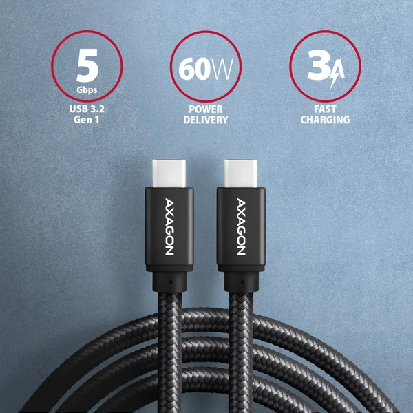 AXAGON BUCM3-CM30AB USB-C/USB-C napájecí kabel 60W 3m černý - Kabely a redukce - Obrázek P1J0000K01