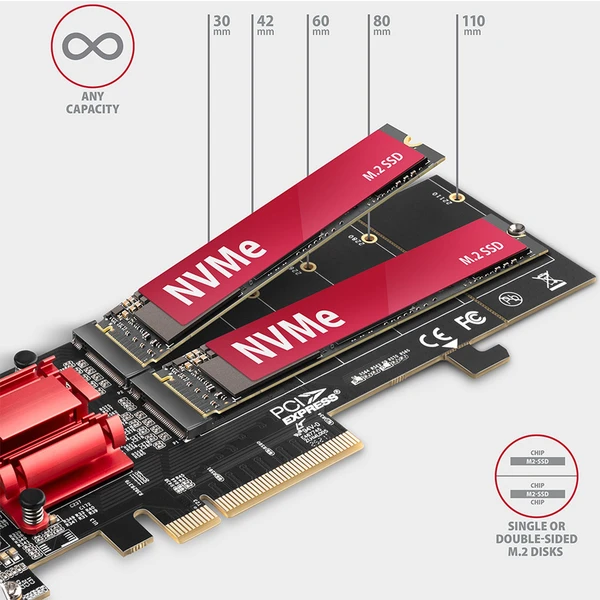 AXAGON PCEM2-ND PCIe x8 řadič 2x M.2 NVMe M-key slot - Řadiče - Obrázek P1J0000P01
