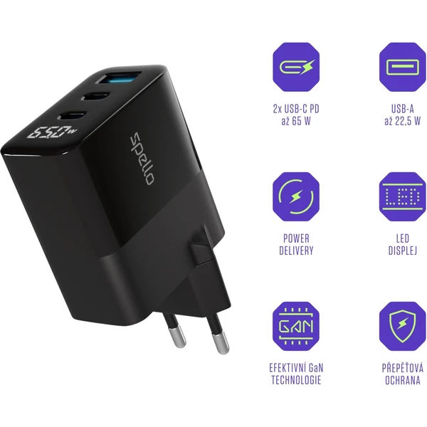 Spello ForceBoost Display GaN 65W nabíjecí adaptér černý - Nabíječky - Obrázek P1LL000K01