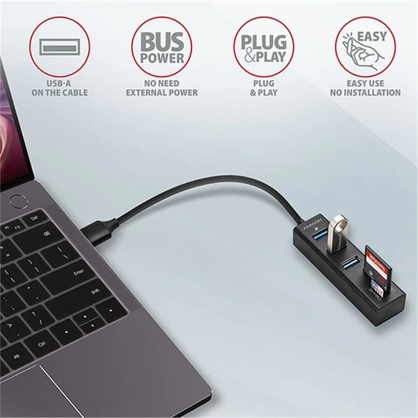 AXAGON HMACR3A USB 3.2 Gen 1 hub porty 3x USBA + čtečka karet SD/microSD kovový kabel USBA 20 - USB huby - Obrázek P77HF00101