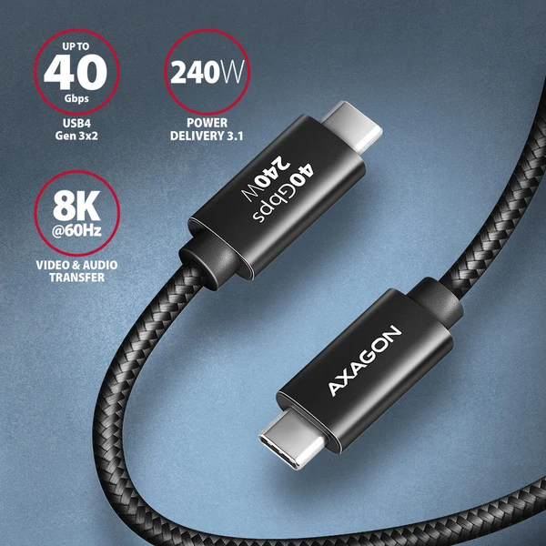 AXAGON BUCM4X-CM10AB USB-C/USB-C napájecí kabel 8K 240W 1m černý - Kabely a redukce - Obrázek P7O0000J01