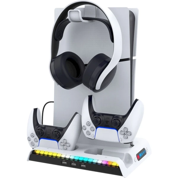 iPega P5S006 Multifunkční Nabíjecí RGB Stojan s Chlazením pro PS5 Slim bílý - Nabíječky - Obrázek PHU0000K01