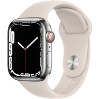 Apple Watch Series 7 Cellular 41mm stříbrná ocel s bílým sportovním řemínkem
