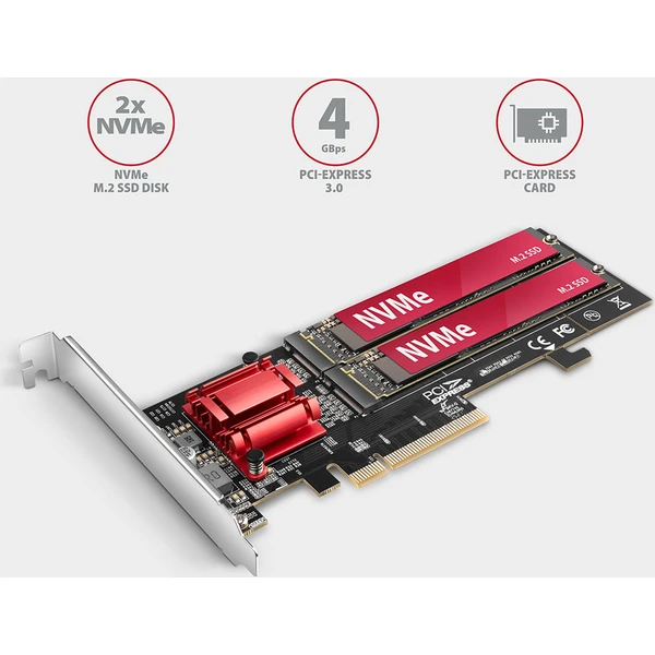 AXAGON PCEM2-ND PCIe x8 řadič 2x M.2 NVMe M-key slot - Řadiče - Obrázek Q1J0000P01