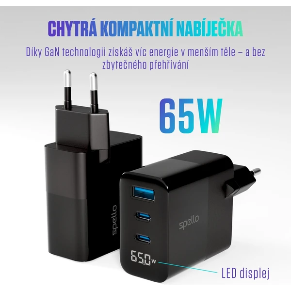 Spello ForceBoost Display GaN 65W nabíjecí adaptér černý - Nabíječky - Obrázek Q1LL000K01