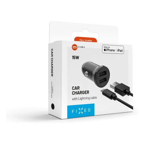 FIXED set autonabíječky s 2xUSB výstupem a USB/Lightning kabelem, 1 metr, Mfi, 15W černý - Nabíječky - Obrázek Q5O2000P01