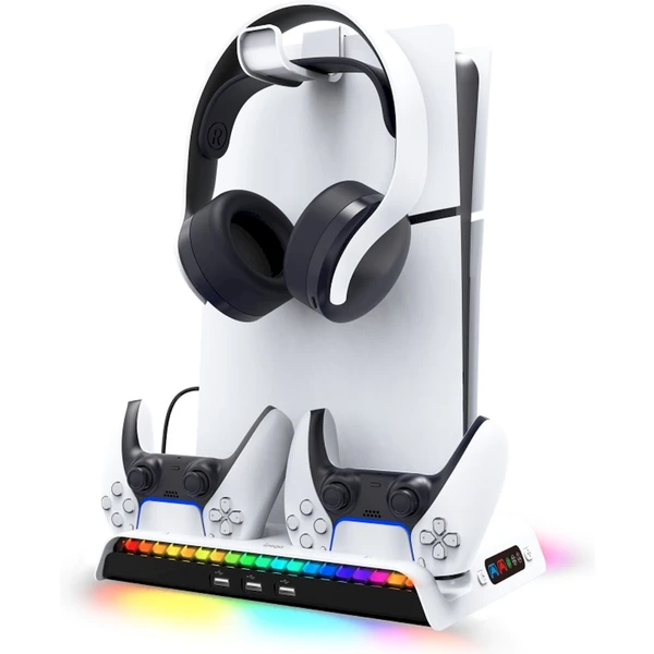 iPega P5S006 Multifunkční Nabíjecí RGB Stojan s Chlazením pro PS5 Slim bílý - Nabíječky - Obrázek QHU0000K01