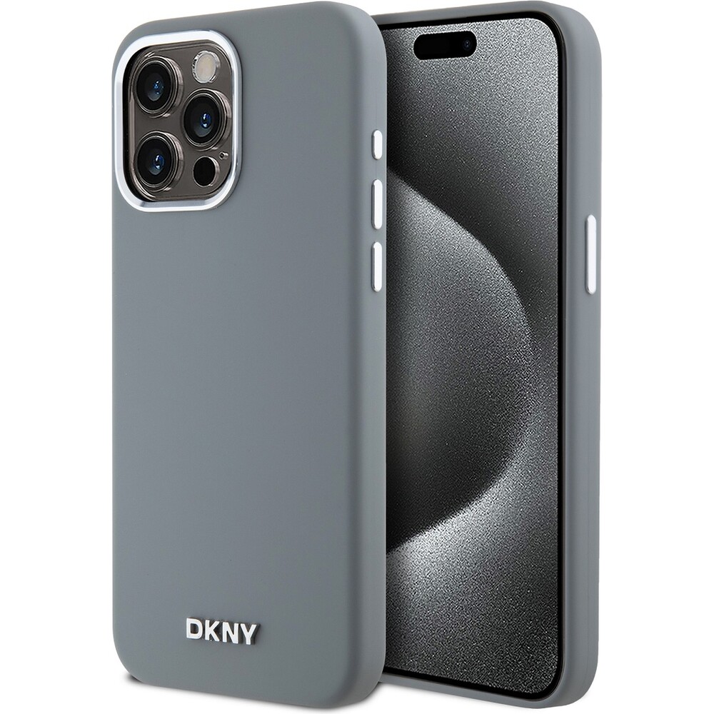 DKNY Liquid Silicone Silver Metal Logo Magsafe kryt iPhone 15 Pro Max šedý