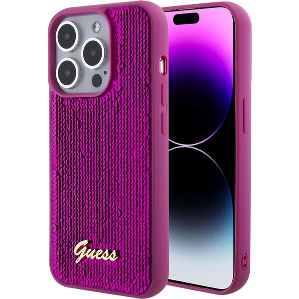 Guess Sequin Script Logo kryt iPhone 15 Pro Max tmavě růžový - Smarty.cz