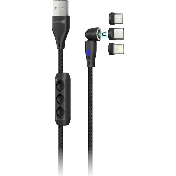 CONNECT IT Magnetic PowerLink 3v1 kabel USB-C/Lightning/MicroUSB 2m černý Černá