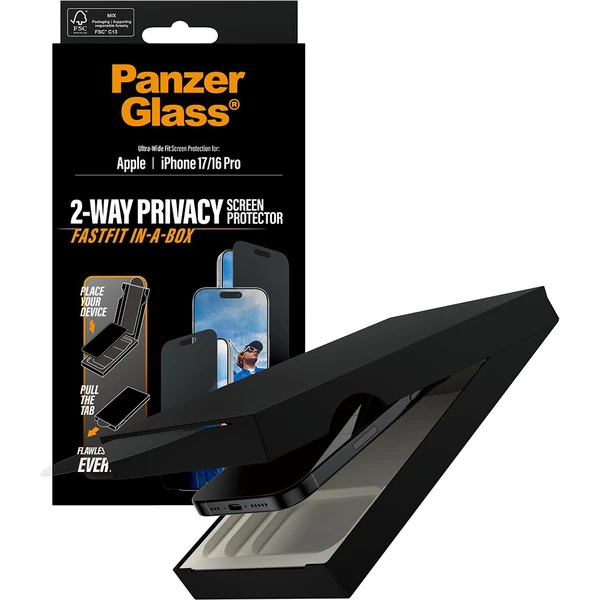 PanzerGlass® Privacy sklo Apple iPhone 17/16 Pro s bezprašným aplikačním boxem - Ochranné folie a skla - Obrázek R0KH000K01