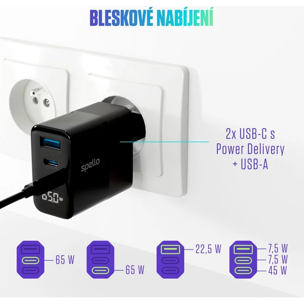 Spello ForceBoost Display GaN 65W nabíjecí adaptér černý - Nabíječky - Obrázek R1LL000K01
