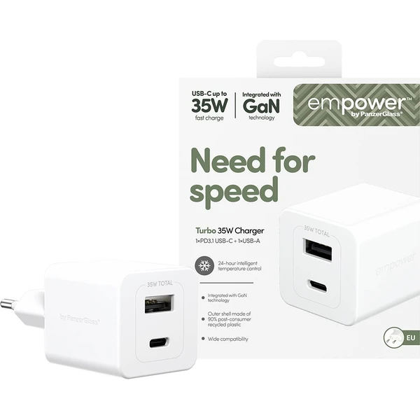 PanzerGlass® empower nabíječka Turbo GaN (35 W) 1x USB-C + 1x USB-A, bílá - Nabíječky - Obrázek R53J000K01