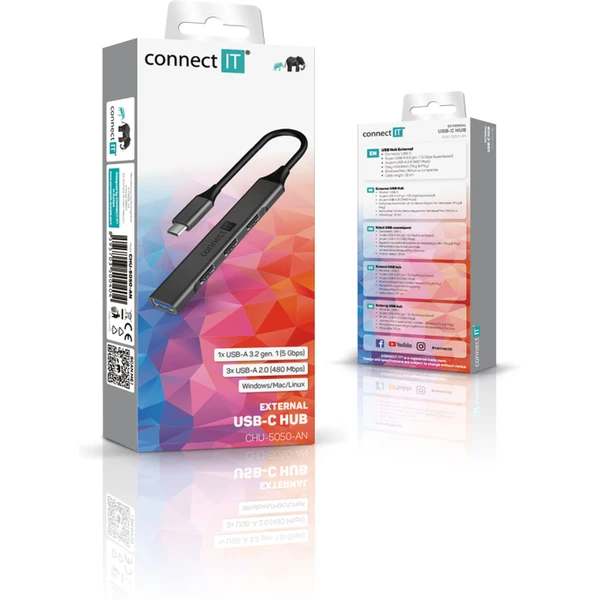 CONNECT IT USB-C hub, (1xUSB-A 3.0, 3xUSB-A 2.0), externí antracitový - USB huby - Obrázek R5N0000P01