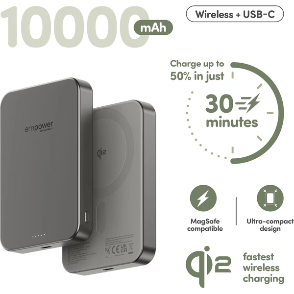 PanzerGlass® empower bezdrátová Qi2 powerbanka 10000 mAh, MagSafe, šedá - Powerbanky - Obrázek R73J000K01