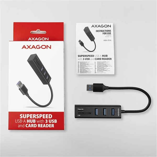 AXAGON HMACR3A USB 3.2 Gen 1 hub porty 3x USBA + čtečka karet SD/microSD kovový kabel USBA 20 - USB huby - Obrázek R77HF00101