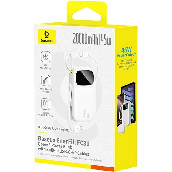 Baseus EnerFill FC31 Qpow 3 20000mAh powerbanka, 45W, s kabelem USB-C a Lightning bílá - Powerbanky - Obrázek RMBQ000K01