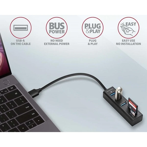 AXAGON HMACR3A USB 3.2 Gen 1 hub porty 3x USBA + čtečka karet SD/microSD kovový kabel USBA 20 - USB huby - Obrázek S77HF00101