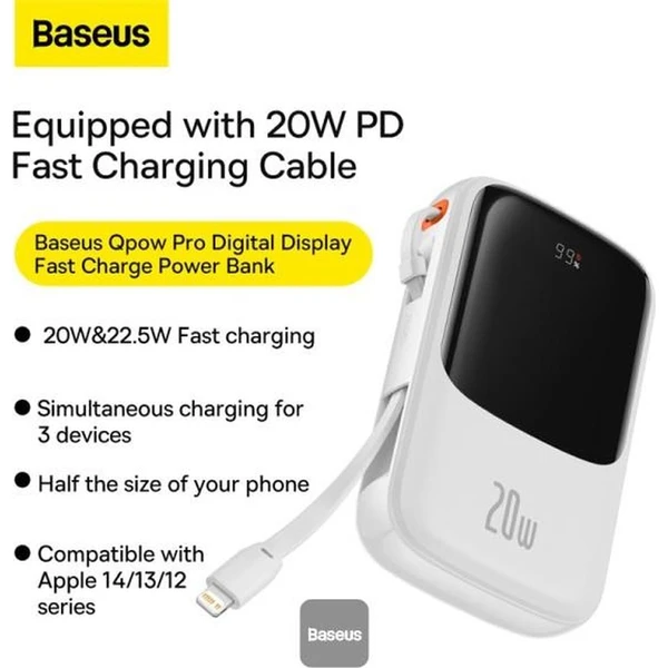 Baseus Qpow Pro 10000mAh, 20W, s kabelem Lightning bílá - Powerbanky - Obrázek SVHL000K01
