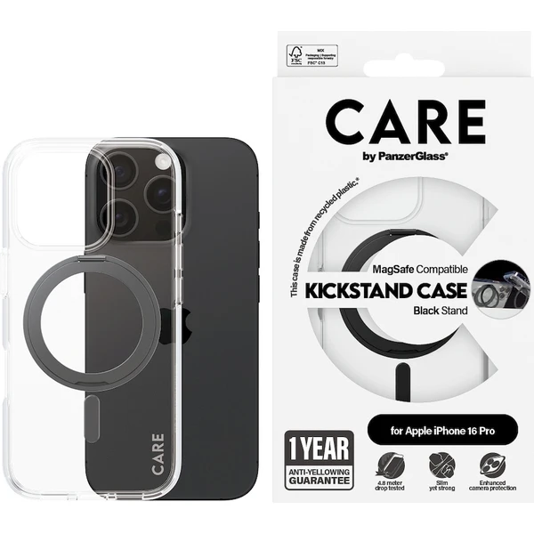 PanzerGlass® CARE kryt Apple iPhone 16 Pro MagSafe KickStand čirý/černý - Pouzdra - Obrázek T408000P01
