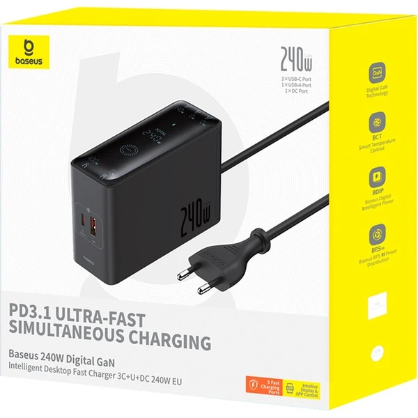 Baseus Digital Charger nabíjecí stanice 240W GaN, 3xUSB-C, USB+ DC, 1m kabel černá - Nabíječky - Obrázek TIGE000L01