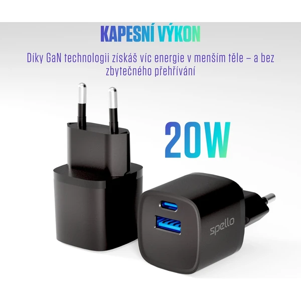 Spello ForceBoost GaN 20W nabíjecí adaptér černý - Nabíječky - Obrázek U1LL000K01