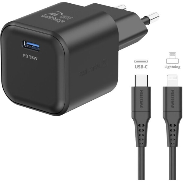 Swissten síťový adaptér GaN 1x USB-C 35W PD + datový kabel USB-C/Lightning 1,2 m černý